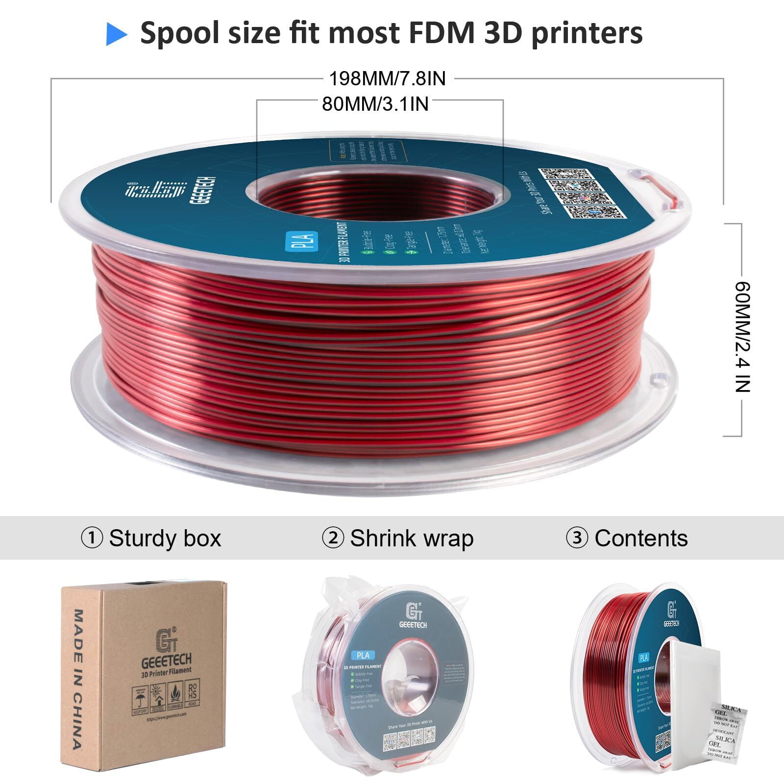 Geeetech 5pcs anti-pulling type 3D Printer PLA Filament 5KG（11ibs） Toughness Enhanced Filament with 1.75mm Dimensional Accuracy +/-0.03mm, Vacuum Packaging Two-tone black and red