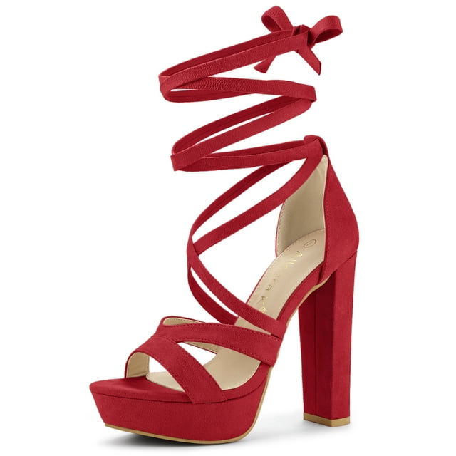 BLISSFUL STEP Sandales à Talons Hauts Épais à Plateforme à Lacets pour Femmes Rouge (Taille 6)