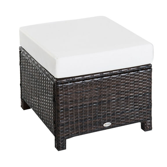 PE Rattan Outdoor Ottoman Footrest with Cushion - Dark Brown Wicker Patio Furniture - Steel Frame, 19.75" Square, 352lbs Capacity