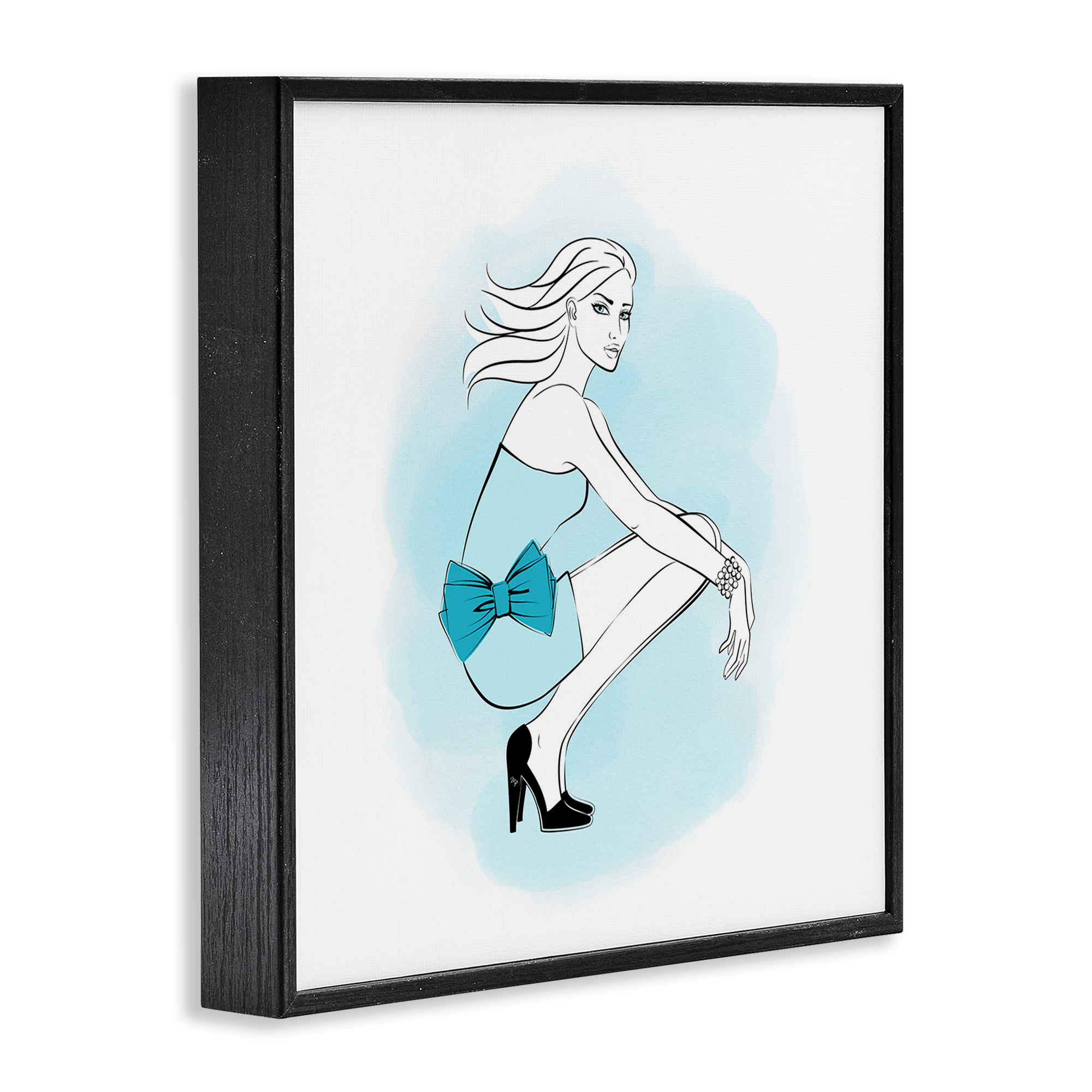 Stupell Industries Girl with Blue Bow Novelty Painting Black Framed Art Print Wall Art, 24 x 24
