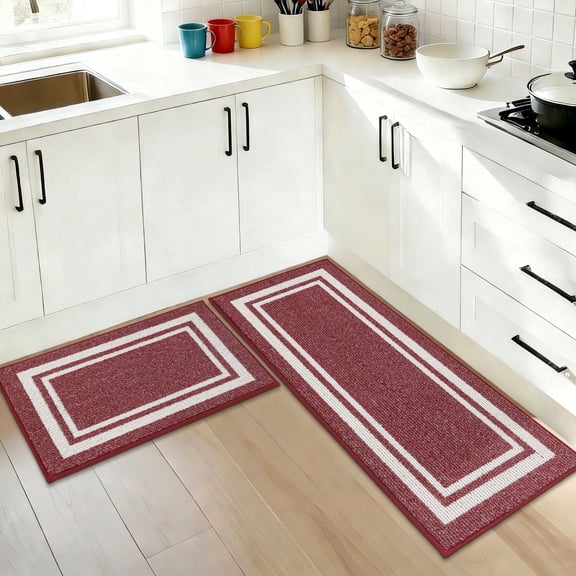 JAATOP Non-Slip Kitchen Mats, 20"x 32" + 20"x 48"Absorbent Kitchen Rug Set of 2, Washable Mat for Kitchen, Red