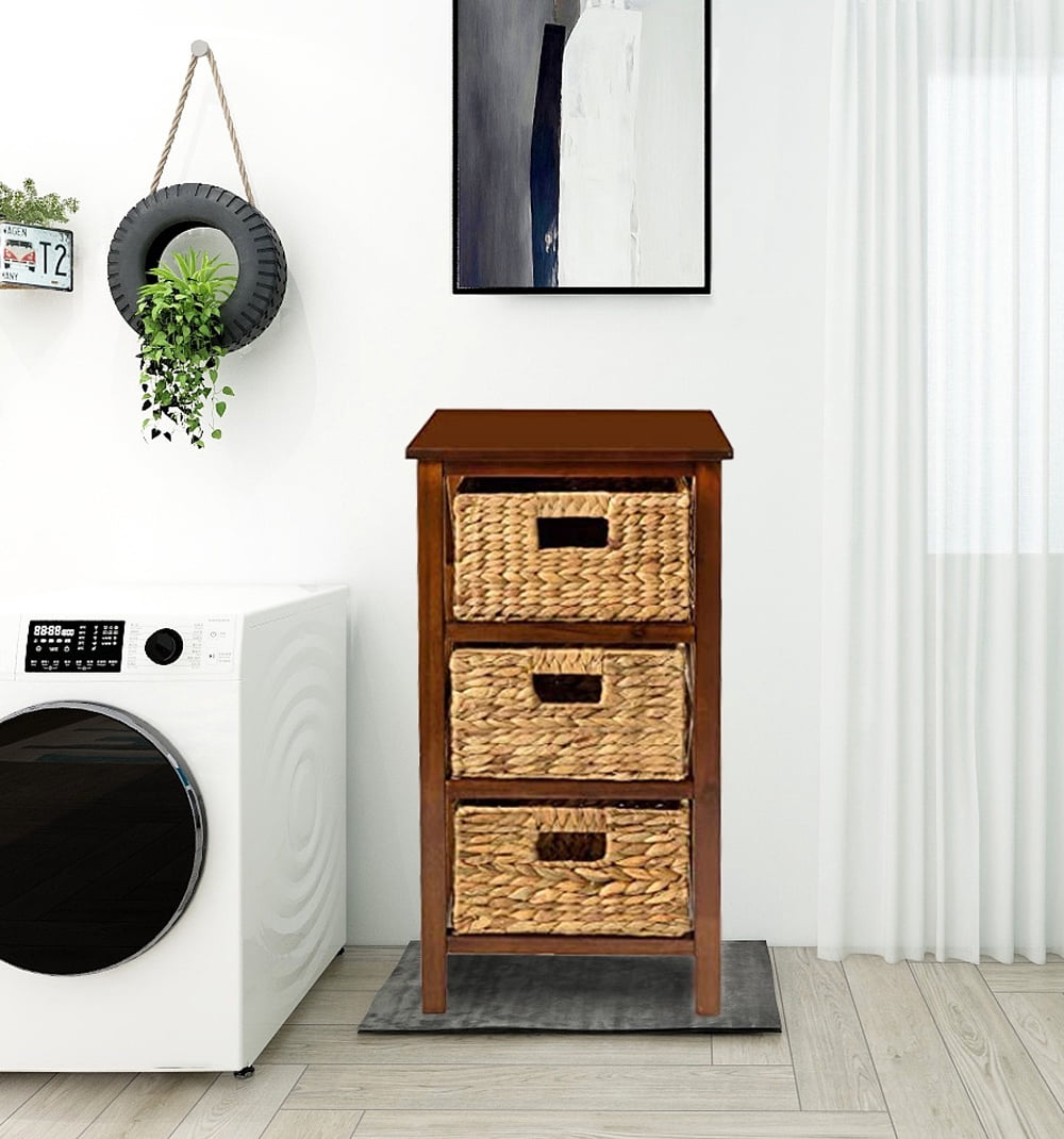 eHemco 3 Tier X-Side End Table Side Table Storage Cabinet with 3 Natural Water Hyacinth Wicker Baskets for Living Room, Walnut