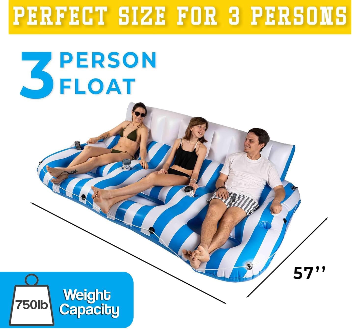 Zone Tech Inflatable Pool Lounger Float -  2 Pack Extra Large Recliner Tanning Lounge Chair with Backrest, Footrest and Cup Holder for Pool, Beach and Lake