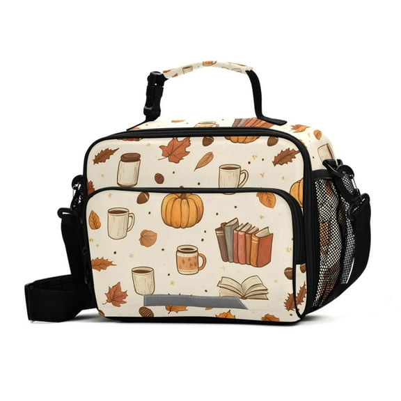 FORMRS Student Insulated Lunch Bag with Shoulder Strap Reusable Cooler Box for School, Fall Beige Pumpkin