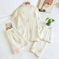 thumbnail image 5 of Wang6 Women's Cotton Pajamas Sets 3 Pieces Soft Long Sleeve Button Shirts Elastic Waist Shorts Wide Leg Pants Loose Fit Floral Printed Sleepwear Loungewear Pjs Sets Beige1 XL, 5 of 7