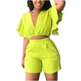 thumbnail image 2 of ibuvkizy Two Piece Sets for Women,Summer Casual Outfit Sets,Women Jogger Outfit Plus Size,Women's Ruffle Short Sleeve V-Neck Top Casual Shorts Summer Plus Size Women Suits,Womens Clothing, 2 of 9