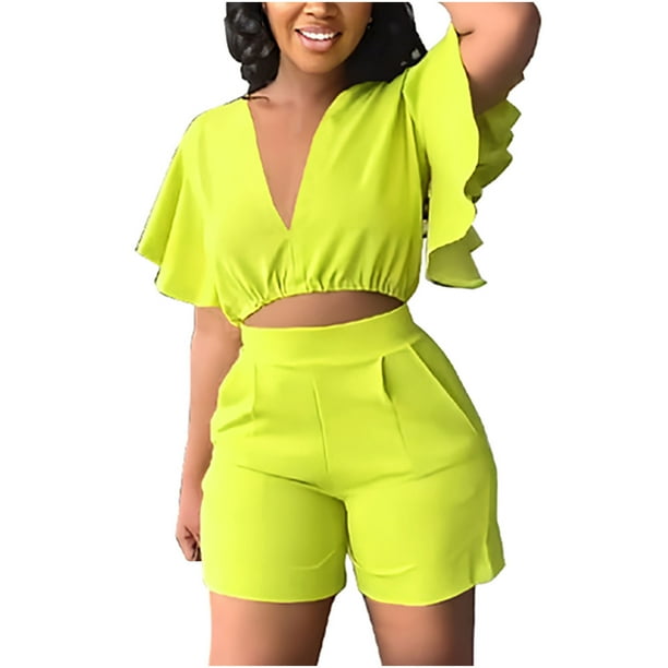 Puntoco Top de manga corta con cuello en V y volantes para mujer, pantalones cortos informales, trajes de verano de talla grande para mujer Puntoco Puntoco-4283