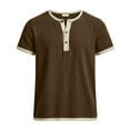 thumbnail image 6 of GUZOM Mens Brown Henley Shirt Short Sleeve | Slim Fit Casual Button Down Top in Linen Cotton Blend,Size S, 6 of 6