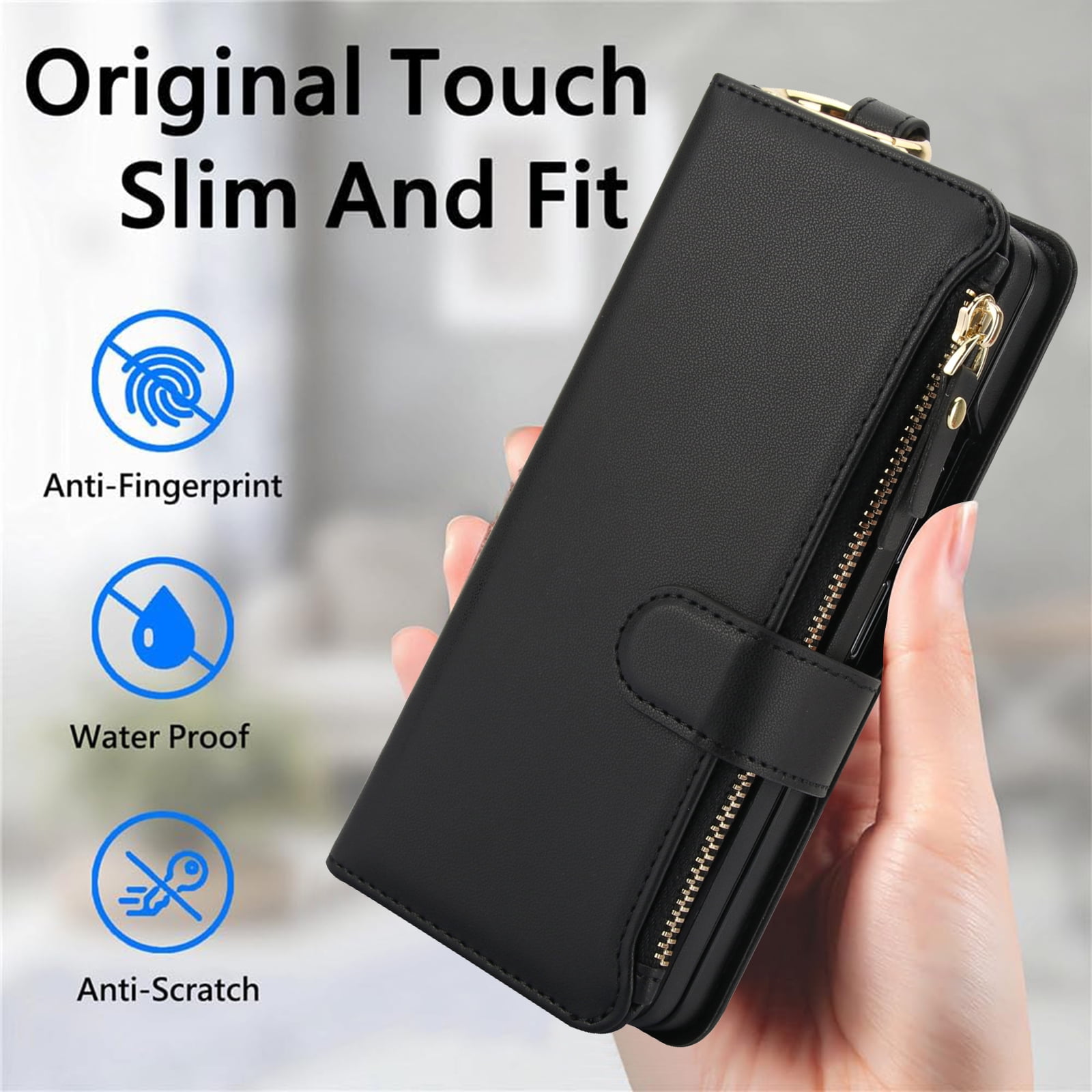 ChicShell Wallet Flip Case for Samsung Galaxy Z Fold 7, RFID Blocking Cards Slots Zipper Pocket Hand Strap Shockproof Stand Phone Case Cover with Crossbody Lanyard for Women Girls, Black
