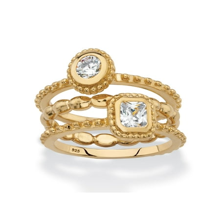 - Round and Square Cubic Zirconia 3-Piece Stackable Ring Set .62 TCW in 18k Gold over Sterling Silver