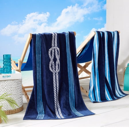 100% Cotton Jacquard 2 Pack 30 x 60 Printed Beach & Pool Towels (Navy/Royal Blue Knot & Stripes 2 Pack- 30 x 60 )