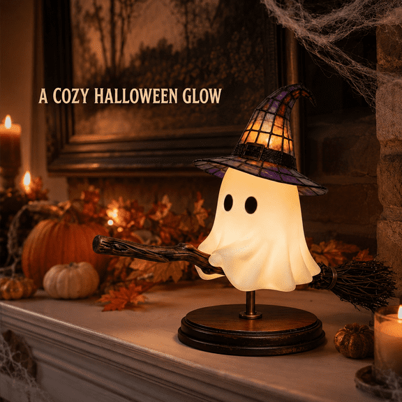 Stained Glass Style Witch Hat Ghost Lamp, Vintage Halloween Night Light for Table, Desk, Mantel, Shelf, Bedroom and Spooky Gothic Seasonal Home Decoration, White