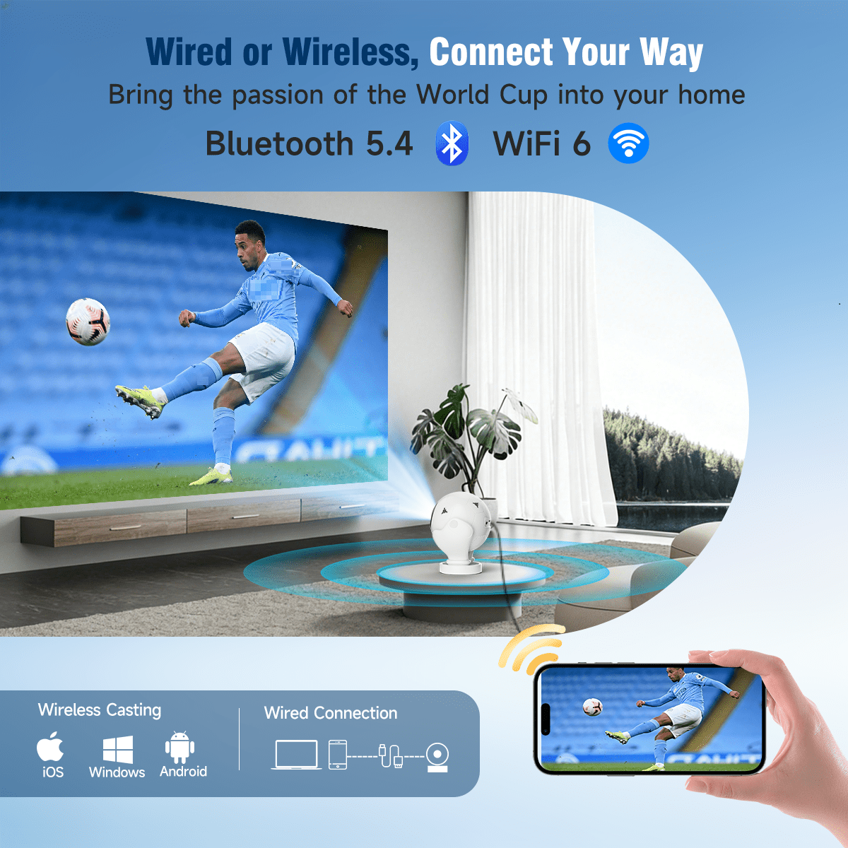 Magcubic Soccer-Themed 8K Support Native 1080P Projector, 500 ANSI Portable Projector with WiFi 6 & BT 5.4, Electric Focus, Auto Keystone, 180° Rotatable, Mini Projector for Home & Outdoor HY320F