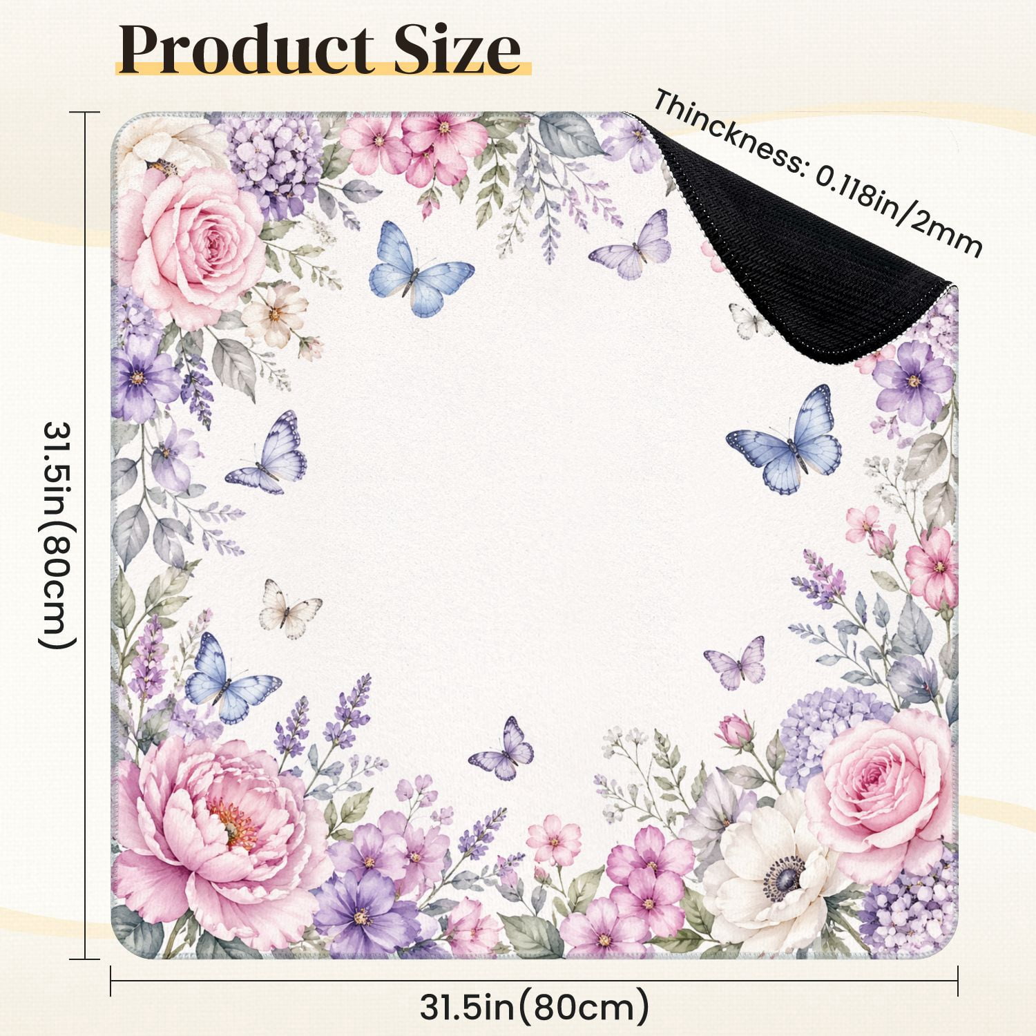 Mahjong Mat 31.5" x 31.5" Floral Frame Pink Roses Purple Hydrangeas Lavender Blue Butterflies Non-Slip Noise Reduction Mahjong Tiles Table Cover for Dominoes Poker Card Board and Tile Games