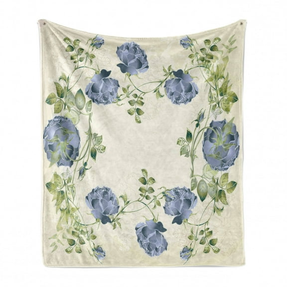 Floral Soft Flannel Fleece Blanket, Vintage Style Roses Leaves Flower Framework Illustration Romantic Retro Design, Cozy Plush for Indoor and Outdoor Use, 60" x 80", Blue Green Cream, by Ambesonne