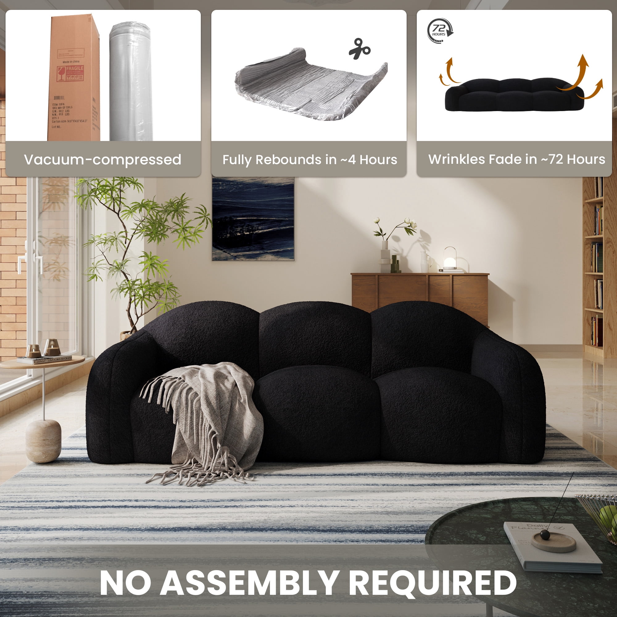 The Magic Home 90" Modern Cloud Couch for Living Room, Boucle LoveSeat 3 Seater Sofa, Plush Floor Sofa Couch for Bedroom, Apartment, Small Space (Black Couch, No Assembly Required)