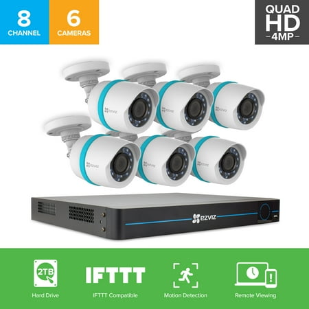 Weatherproof Color Night Vision - EZVIZ Quad HD 4MP Smart Outdoor IP PoE Surveillance System, 6 Weatherproof HD Security Cameras, 8 Channel 2TB NVR Storage, 100ft Night Vision, Customizable Motion Detection