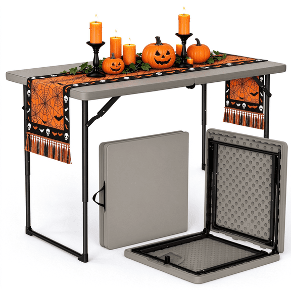 4ft Folding Table - Heavy Duty Fold-in-Half Plastic Table, Portable Utility Tables with Adjustable Height Steel Legs for Events, Camping, Indoor & Outdoor Use (Khaki)