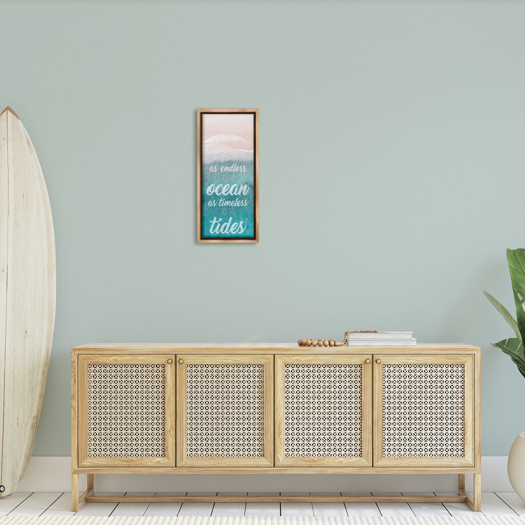 Stupell Industries Timeless As Tides Beach Phrase Inspirational Painting Brown Floater Framed Canvas Art Print Wall Art, 11 x 25
