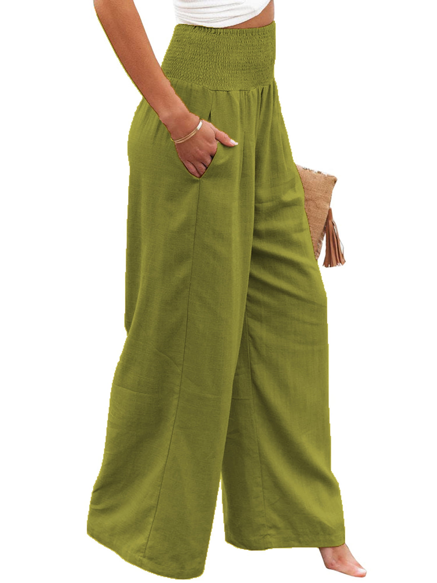 Women Cotton Linen Pants Elastic High Waist Wide Leg Palazzo Trousers  Ruched Beach Pants with Pocket - Walmart.com