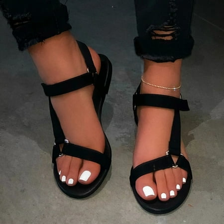 

SUODUI Women s Slippers Summer Women s Flip-Flops Flat Strappy Open Toe Casual Beach Shoes Roman Sandals Black 8