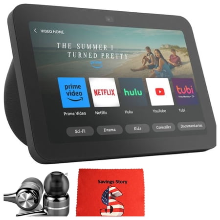 AZ_Echo-Show 8 (3rd Gen) Black Smart Display Speaker Bundle with Wired Earbuds and Cleaning Cloth, New