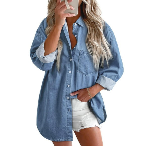 Blusa elegante de mezclilla para mujer, cuello en V, manga larga, azul