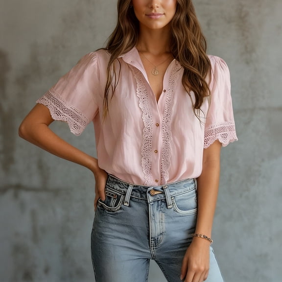 2026 New Womens Casual V Neck Short Sleeve Button Down Shirts Business Casual Work Boho Tops Blouses(Light Pink,XXXL)