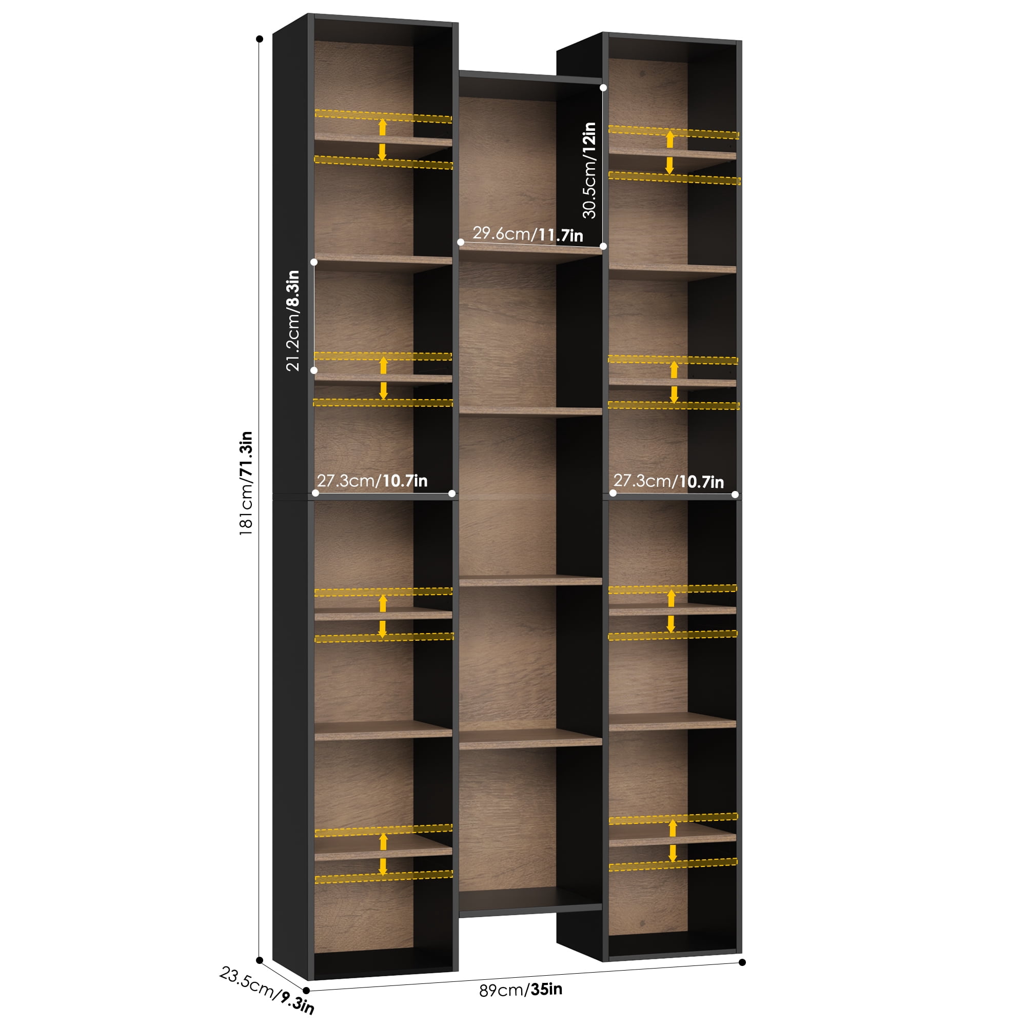 Homfa 2 Pieces Bookshelves, 71’’ Tall Three Row Bookshelf with Adjustable Shelves, 21-Cubes CD Display Storage Organizer Shelf for Living Room Home Office, Black+Brown