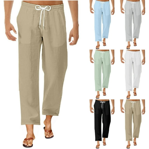 UVEASISHA Beach Pants for Men Drawstring High Waist Pants Solid Color Loose Straight Leg Pants Summer Casual Vacation Linen Trousers with Pockets Black L