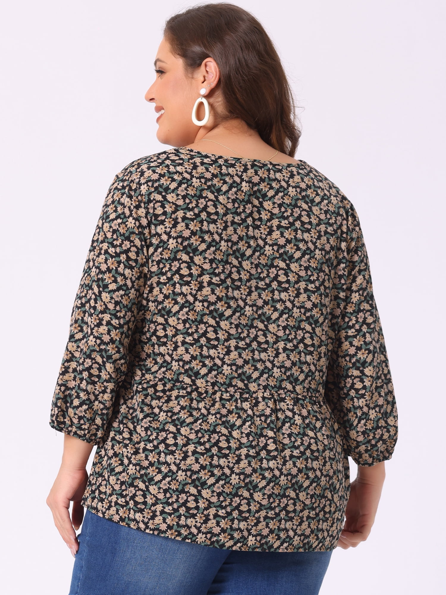 Unique Bargains Women's Plus Size V Neck Flowy 3/4 Sleeve Floral Blouse 3X Black Orange
