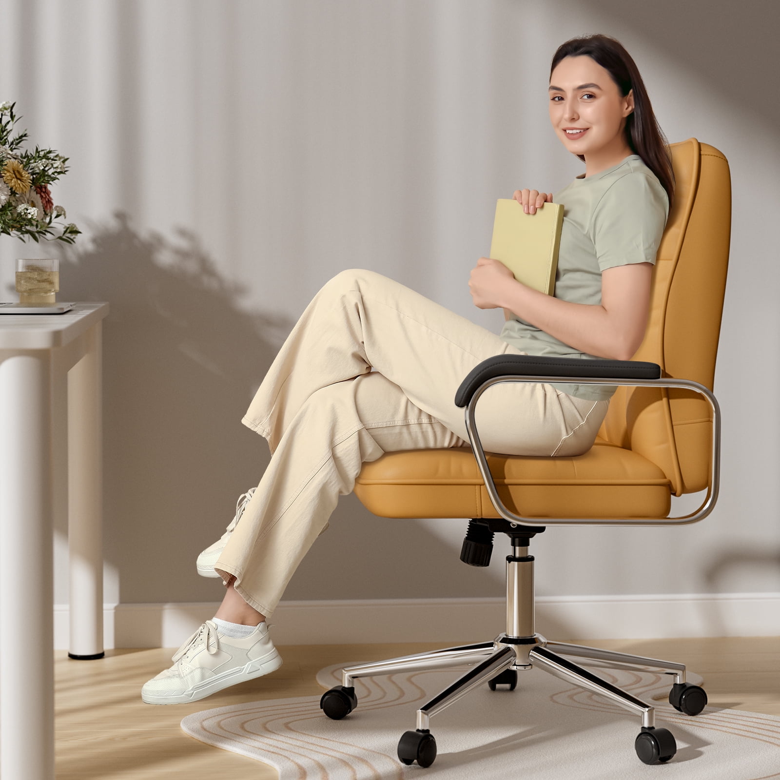 Ninecer Ergonomic Office Chair with Wheels, 360° Swivel Desk Chair with Rocking Function, PU Leather Computer Chair for Home Office, Study, Brown