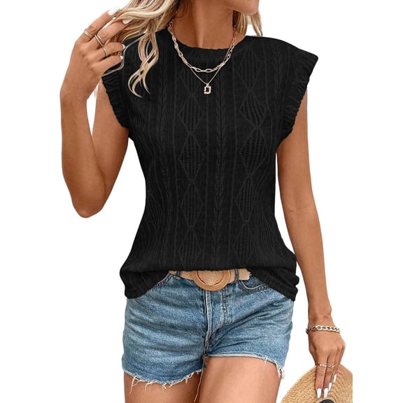 Women'S Summer Tops Casual Crewneck Cap Sleeve Shirts Crochet Knit Texture Tank Top Blouses