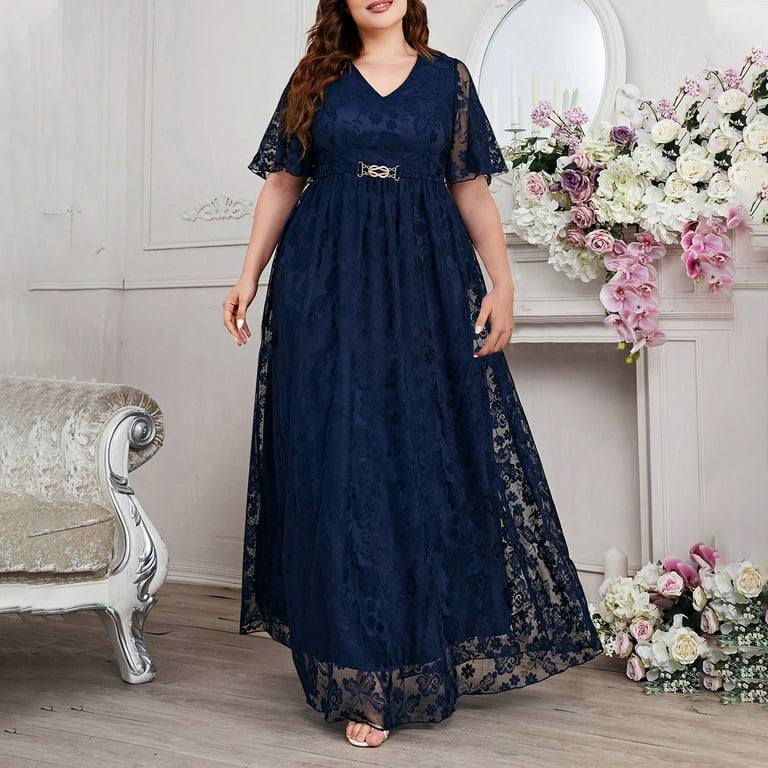 Jsaierl Women Plus Size V-Neck Short Sleeve Floral Sequined Evening Party Mesh Dress Homecoming Dresses 2025