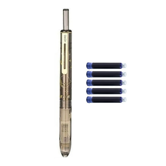 Jesscasday Metal Press Fountain Pen with 5 Inks Sac Retractable Metal Inks Pen 0.38mm Tip