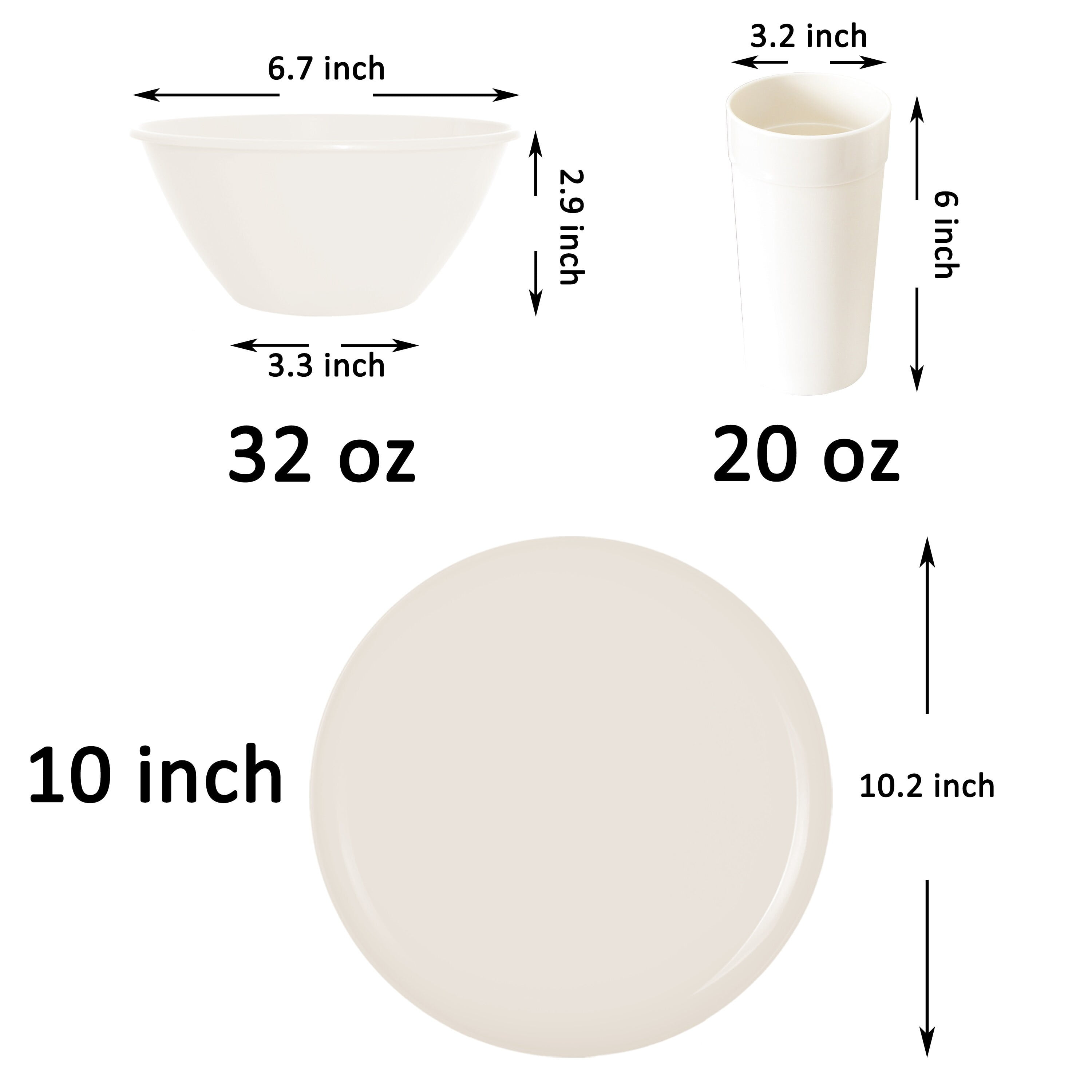 18 Piece Plastic Kitchen Dinnerware Set, Plates, Dishes, Bowls, Cups, Service for 6 - Cream YE393.013