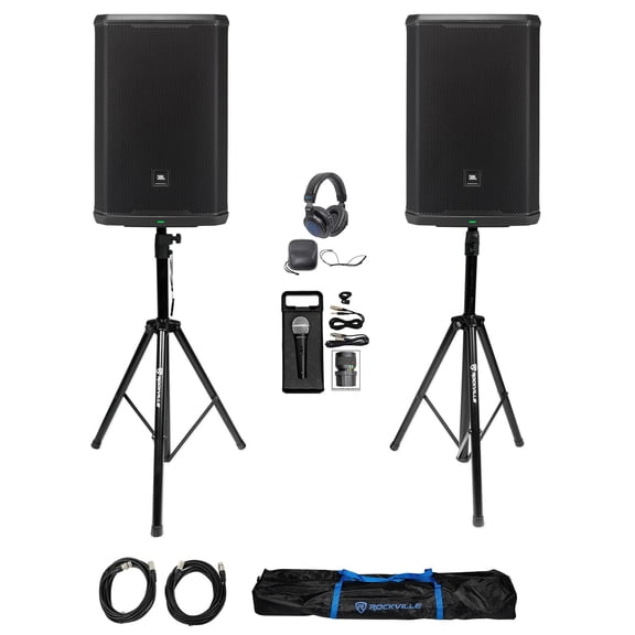 2) JBL PRX915 15" 1000w Powered 2-Way DJ PA Speakers w/DSP Stands Headphones Mic