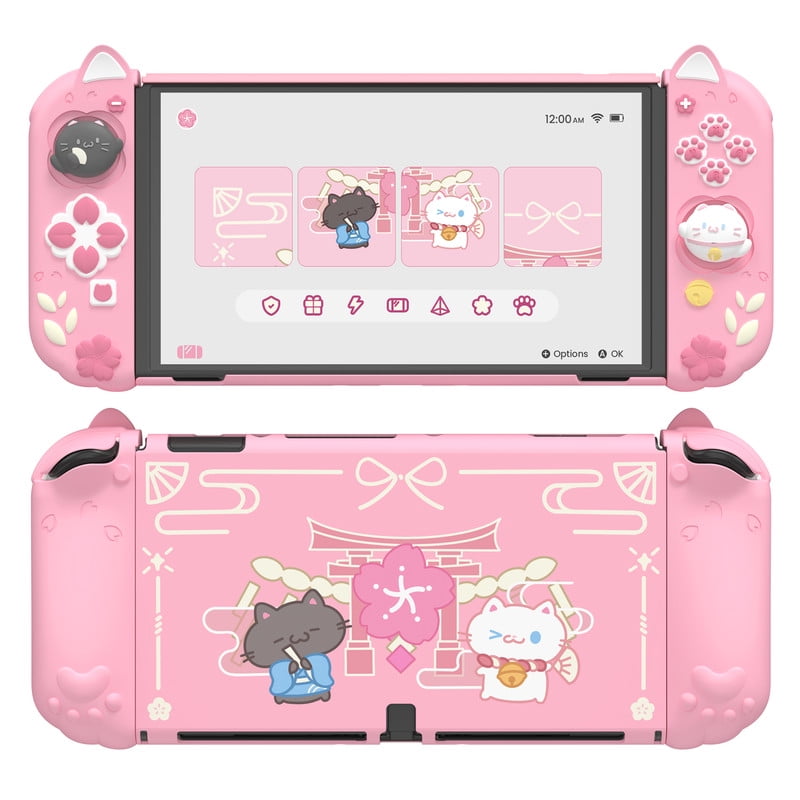 PlayVital Protective Case for Nintendo Switch OLED - Cherry Blossoms Kitten Dockable Hard Shell Cover + Silicone Grips with Thumb Grips,Shockproof - Pink