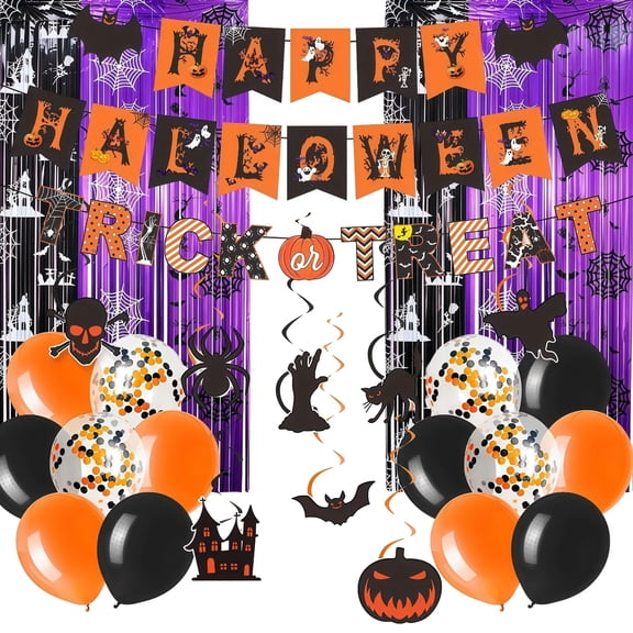 Halloween Party Decorations Set - Halloween Decor with Spider Fringe Curtain, Black Orange Purple Halloween Decorations Indoor for Kids Party Photo Booth