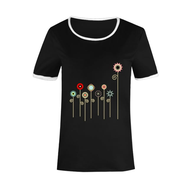 Woman Colour Flower Print Short Sleeve Round Neck Casual Loose Tops Short Sleeve