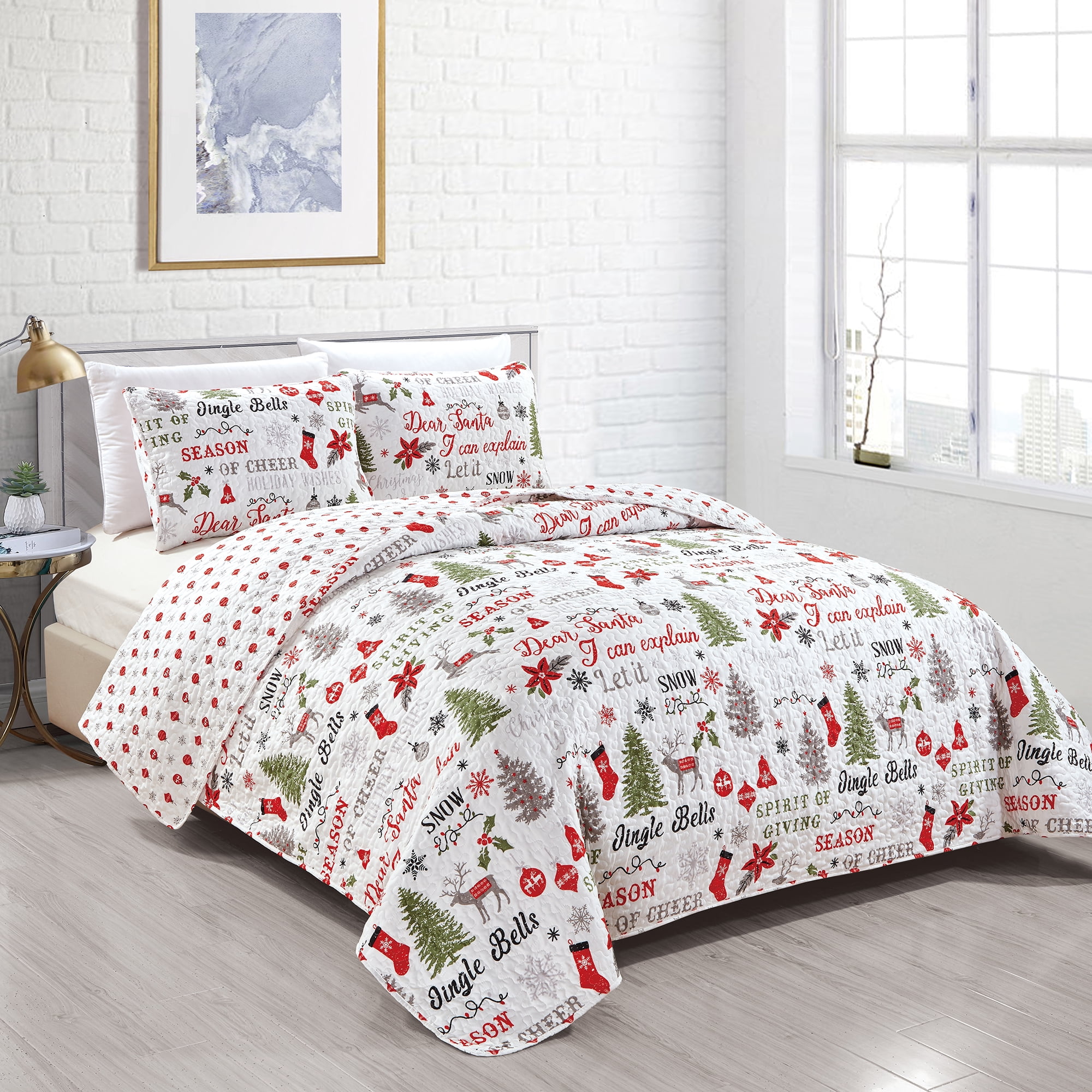 Great Bay Home Reversible Christmas Reversible Quilt Set With Shams  (King, Holiday Wishes)