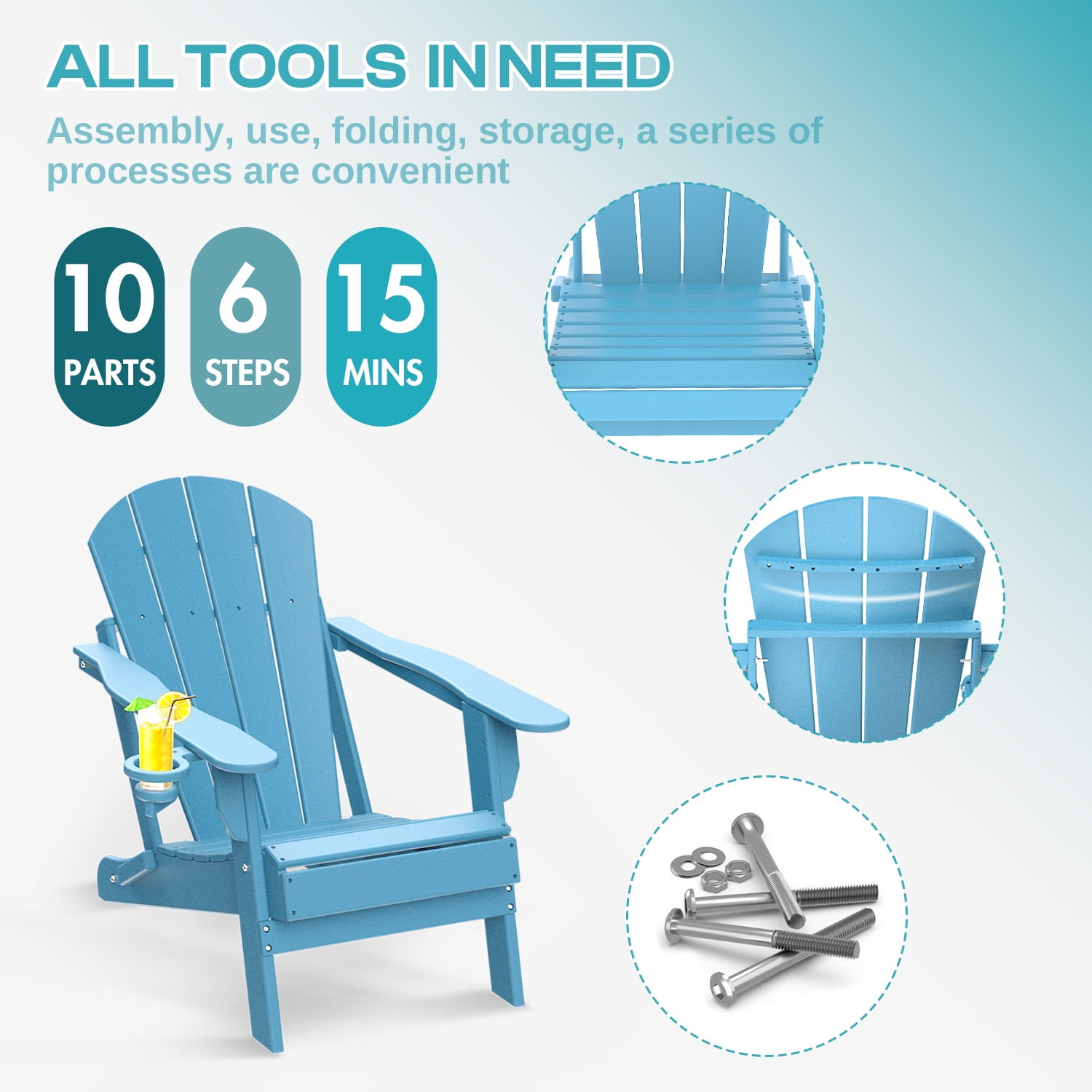 FODINGHILL Outdoor Folding Adirondack Chair set of 2, HDPE All Weather Patio Chair with Cup Holder for Deck Backyard Garden, Arctic