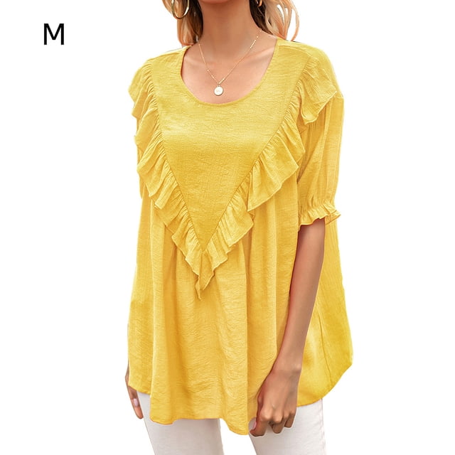 Camiseta de mujer de manga corta, cuello redondo, camisa con volantes, camiseta suelta de verano, amarillo, M AweSitey AP001237-10