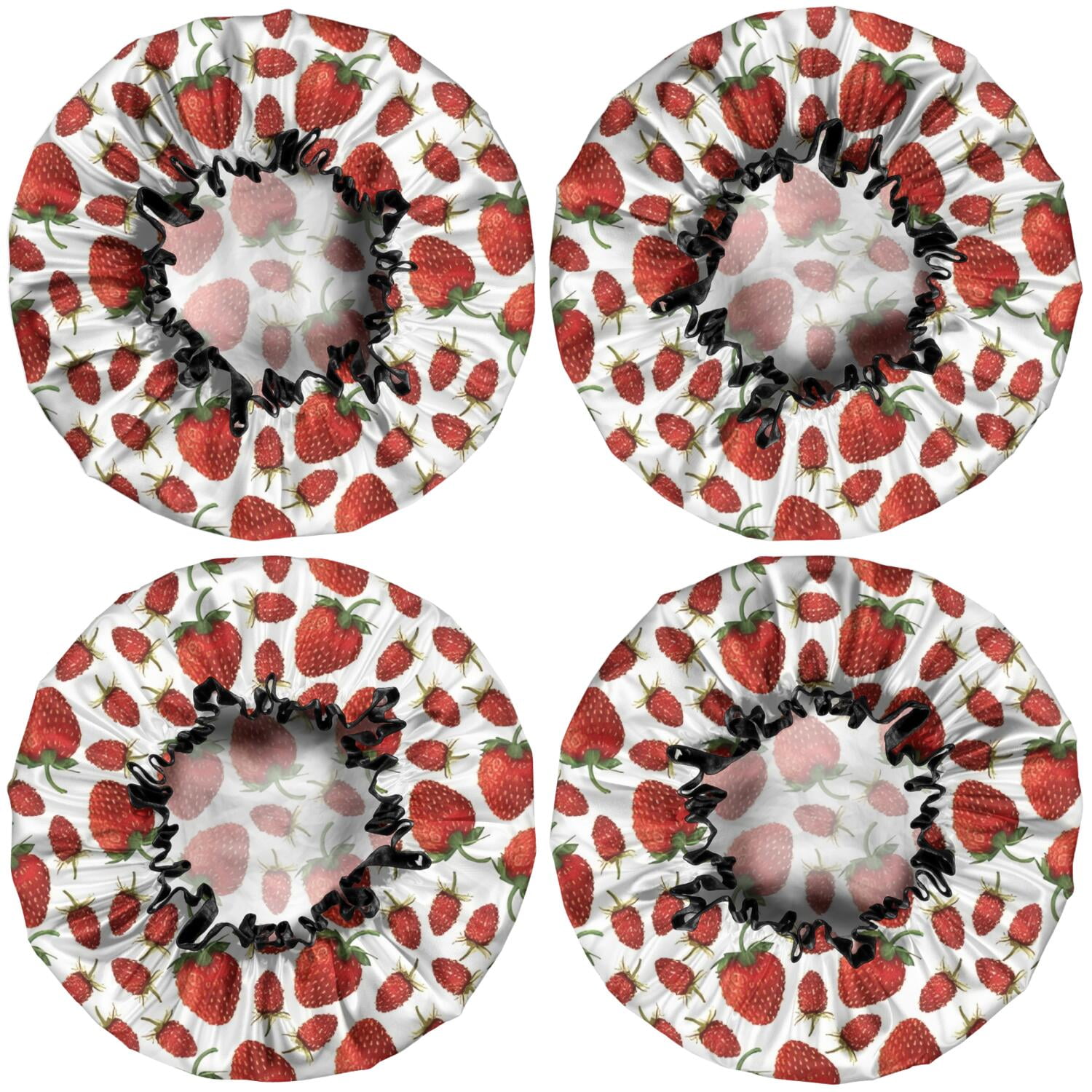 Shower Caps,Red Strawberry Plants Fruit White Pattern Waterproof Shower Cap for Women 4 Pieces,Double Reusable Hair Cover for Shower PEVA Elastic Stretch Hem