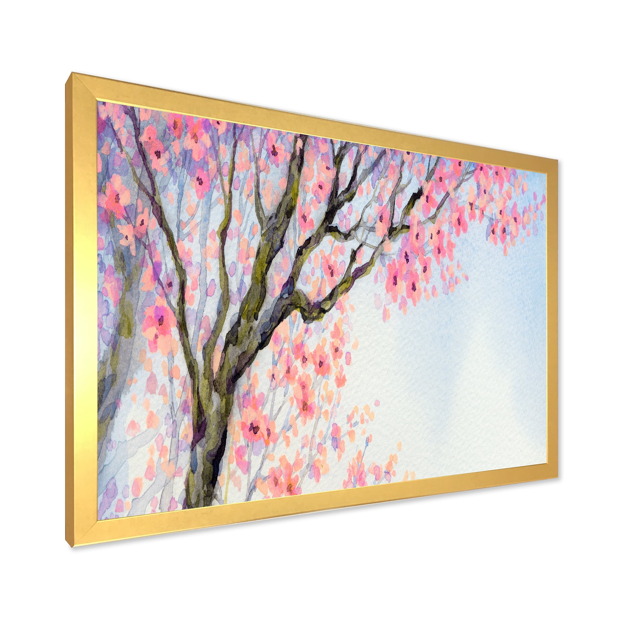 Beautiful Pink Bird Sitting On Flowering Branch 32 in x 24 in Framed Painting Canvas Art Print, by Designart