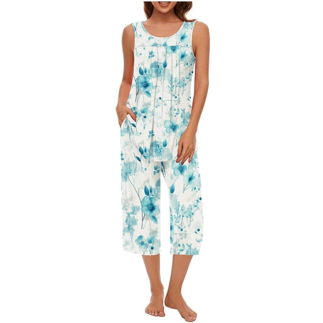 OJinShaWanO Black Silk Pajamas for Women Women Soft Sleeveless Tank Top and Capri Pants with Pocket Loungewear Sets Pajamas Sets 4267