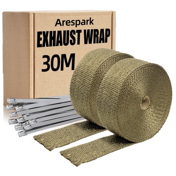 Arespark Thermal Exhaust Band, 2 Rolls 2 in x 50 ft Gold Thermal Insulation Tape Made of Basalt Fibres with 24 Stainless Steel Clamps for M
