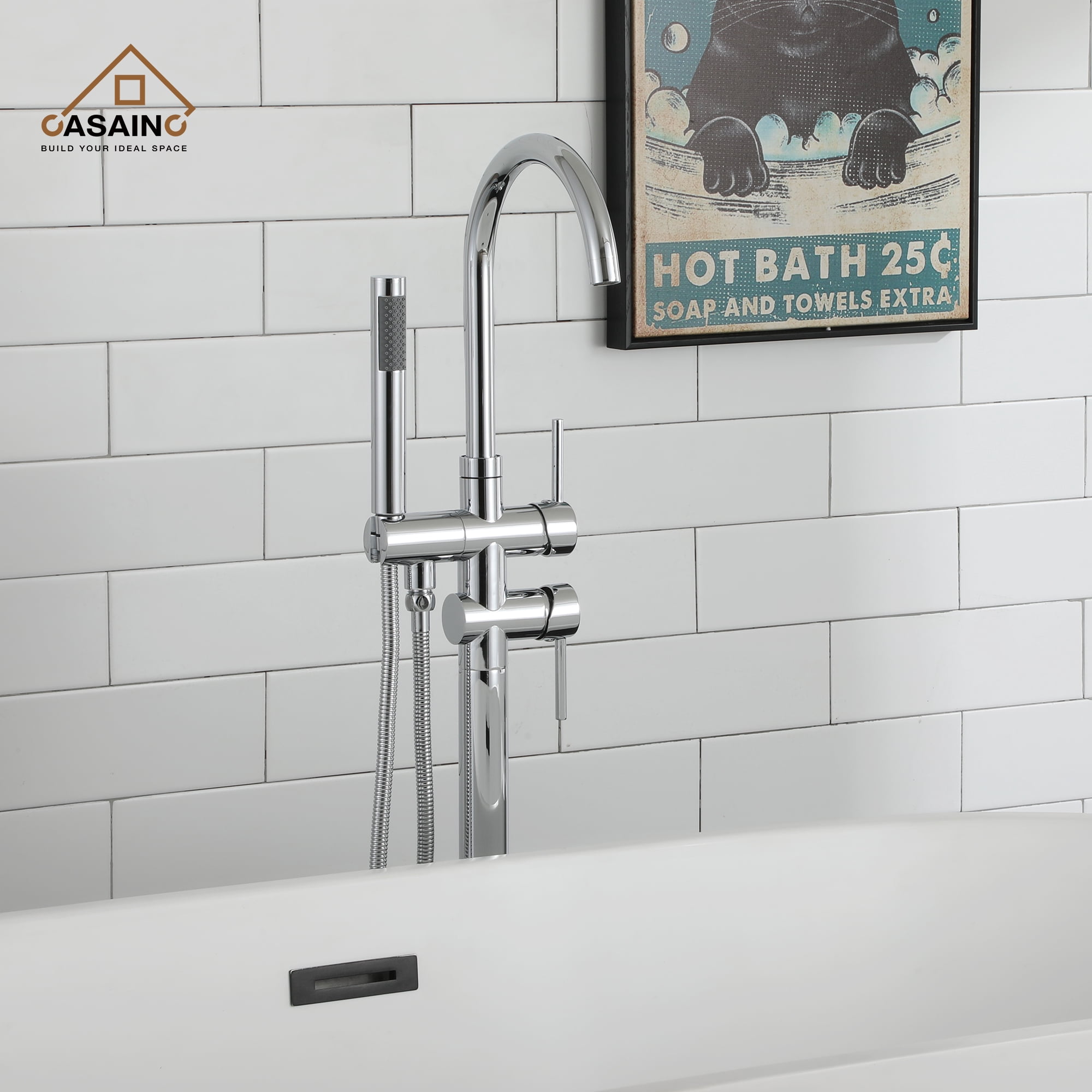 CASAINC 2-Handle Residentail Freestanding Bathtub Faucet with Hand Shower in Chrome