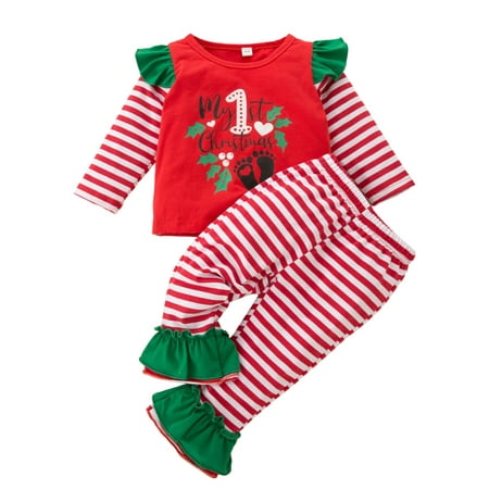

LisenraIn Infant Baby Girls Christmas Tops T-Shirt Deer Stripe Flare Pants Trousers Outfits