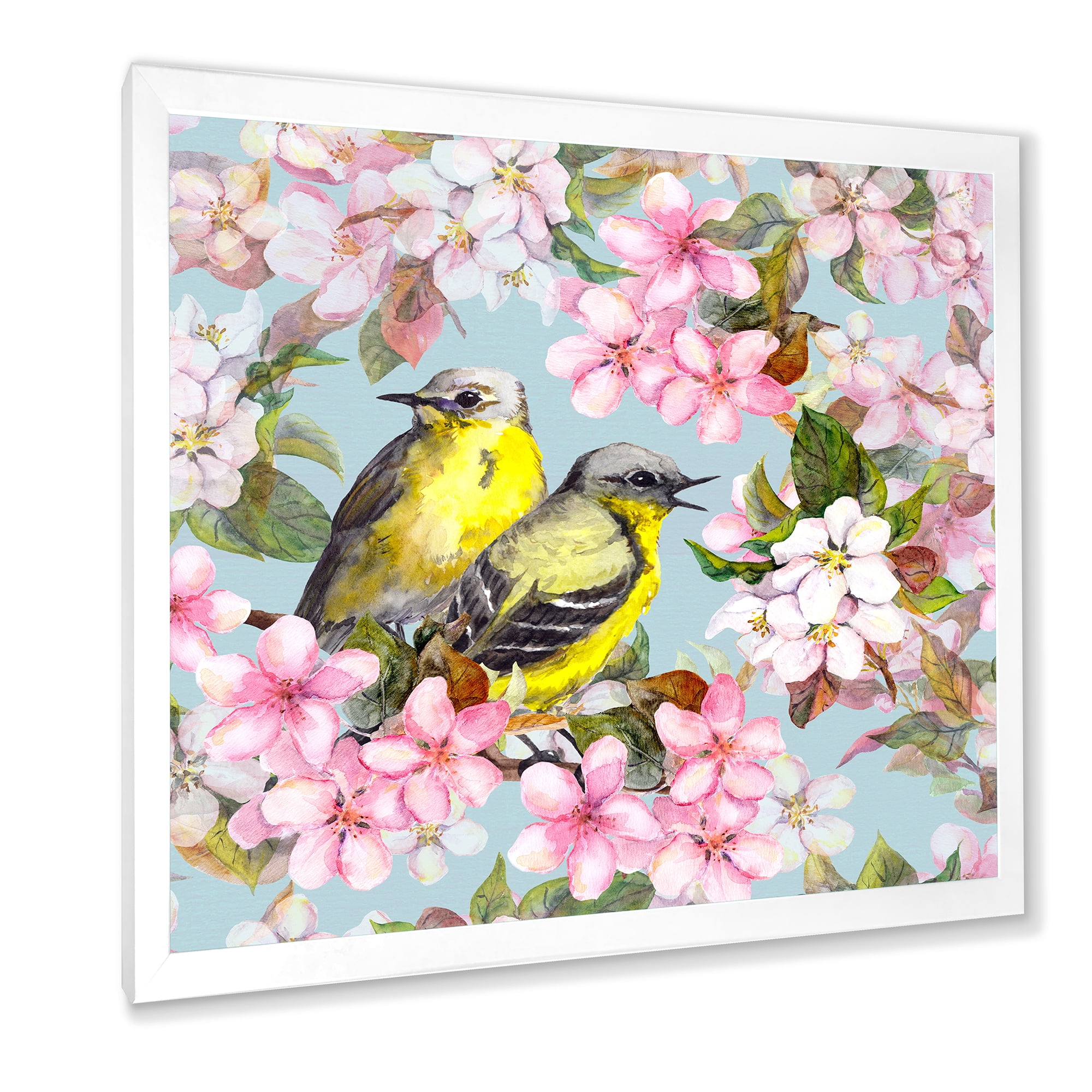 Designart 'Birds On Pink Cherry Sakura and Apple Flowers II' Traditional Framed Art Print